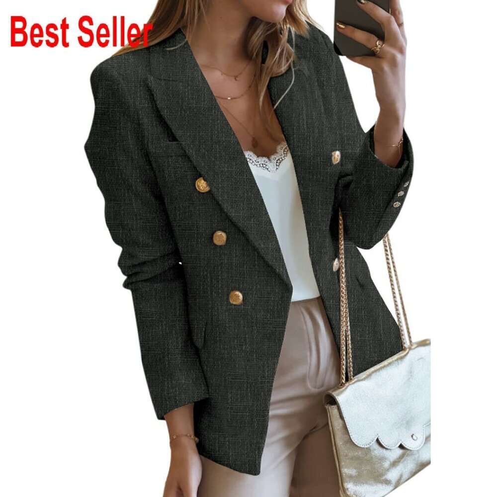 Tweed Blazer Double Breasted Slim Fit Open Front Work Office Chic